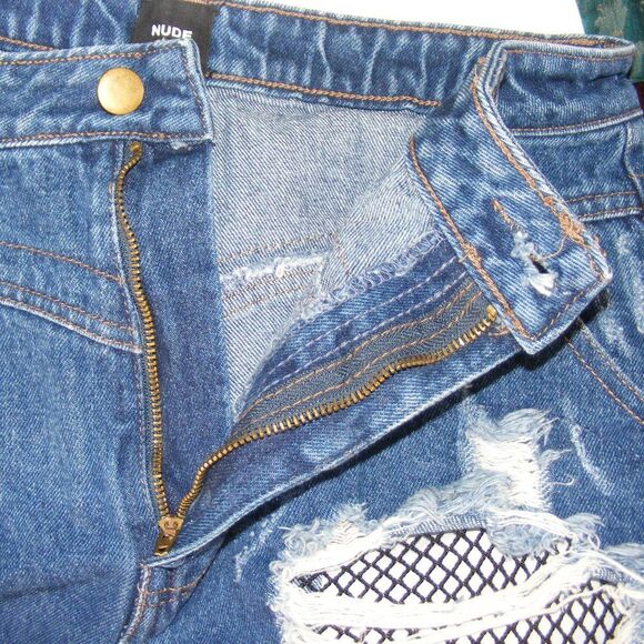 Nude Label Denim Shorts, L, Blue cut-offs, Fish net inserts, Distressed, Frayed - Picture 11 of 15